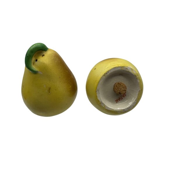 Vintage Ceramic Yellow Pear Salt & Pepper Shaker Set With Green Leaf Design - Picture 4 of 4